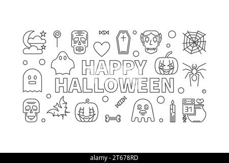 Happy Halloween Vektor horizontales Banner oder Illustration mit lustigen Konturen halloween Ikonen gemacht Stock Vektor