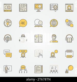 Erlernen Sie die Sprache mit bunten Symbolen. Vektorsymbole für kreative Bildung oder Designelemente für Sprachkurse Stock Vektor