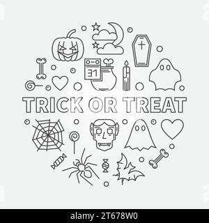 Illustration der runden Umrisse „Trick or Treat“. Vector Modern Halloween Poster oder Flyer mit linearen Ikonen Stock Vektor