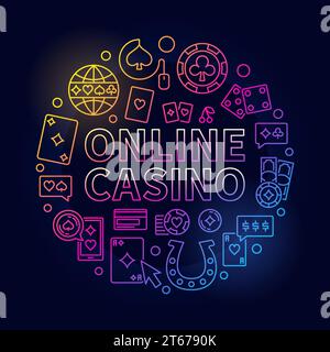 Helle Online-Casino-Linie Illustration. Vektor buntes rundes lineares Design-Zeichen mit ONLINE CASINO-Phrase und Glücksspiel-Ikonen auf dunklem Hintergrund Stock Vektor