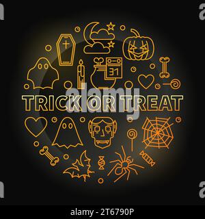 Illustration der runden gelben Linie „Trick or Treat“. Vektor Helles Halloween Poster oder Flyer mit Kontursymbolen auf dunklem Hintergrund Stock Vektor