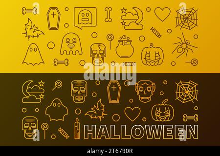 Zwei horizontale bunte Halloween-Banner mit lustigen Kontursymbolen. Moderne Vektor-Illustration Stock Vektor