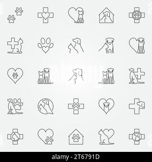 Veterinärsymbole oder Logoelemente. Vektorsammlung von Tierarzt- und Haustier-Konzeptzeichen in dünner Linie Stock Vektor