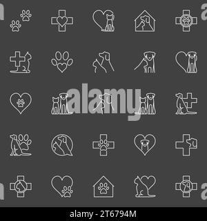 PET- und Veterinärlinien-Symbole. Vektorsatz von linearen Symbolen der Veterinärmedizin auf dunklem Hintergrund Stock Vektor