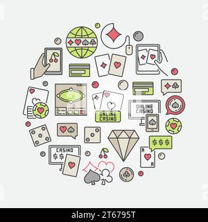 Farbenfrohe Illustration des Online-Casinos. Vektor Runde Mobile Poker und Casino Design Zeichen mit Spielkarten, Würfel, Geräten und anderen Stock Vektor