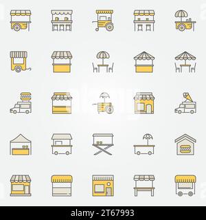 Street Food farbenfrohe Symbole. Vektor-Lebensmittelwagen, Marktstand, Food Truck und mobile Cafés kreative Schilder oder Designelemente Stock Vektor