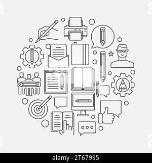 Bloggen runde lineare Illustration. Vektorrunder Copywriting-Schild in dünner Linie Stock Vektor
