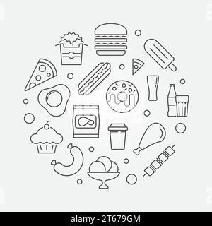 Junk Food kreisförmige Umrissillustration - Vektorsymbol mit Hot-Dog, Burger, Eis und anderen Fast-Food-Symbolen Stock Vektor