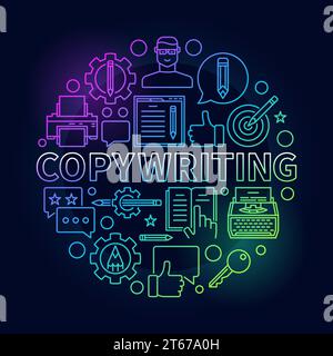 Copywriting runde, helle Illustration. Farbenfrohes Vektor-Schild mit Umrissschreiben und Bloggen-Symbolen und Wort-Copywriting auf dunklem Hintergrund Stock Vektor