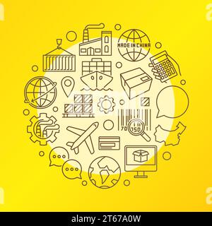 China Geschäft bunte Illustration - Vektorexport und Lieferung von China rundes Zeichen in dünner Linie Stil auf gelbem Hintergrund Stock Vektor