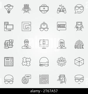 Geek-Symbole festgelegt. Vektor-Nerd- und Geek-Konzeptzeichen oder Logoelemente in dünner Linienform Stock Vektor