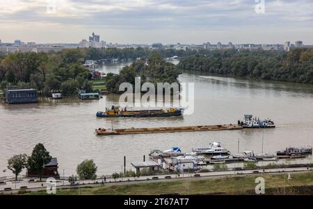 Belgrad, Serbien. November 2023. Zwei Frachtschiffe treffen sich auf der Save. Quelle: Jan Woitas/dpa/Alamy Live News Stockfoto