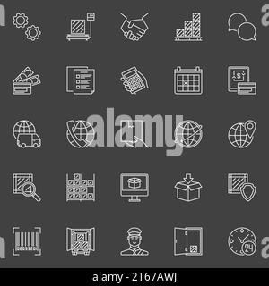 Symbole für Lieferung und Logistik. Vektorsammlung dünner logistischer Minimalzeichen auf dunklem Hintergrund Stock Vektor