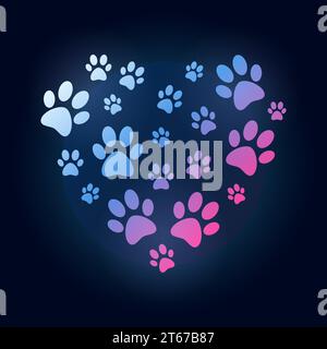 Illustration des kreativen Herzens mit Katzenpfoten. Vektor-Hund Fußabdrücke in Herzform Zeichen auf dunklem Hintergrund Stock Vektor