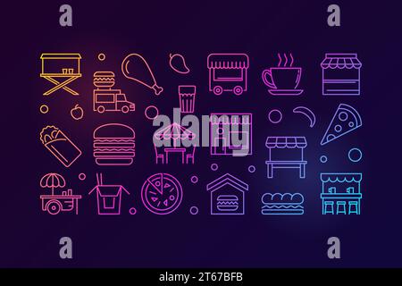 Street Food Festival farbige horizontale Vektor lineare Illustration oder Banner auf dunklem Hintergrund Stock Vektor