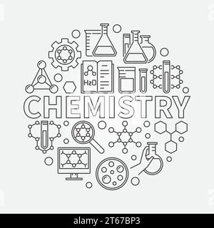 Abbildung der chemischen Linie. Vektor-Umrisssymbol für Wissenschaft mit WORTCHEMIE und Ikonen von Laborglas und Formeln Stock Vektor