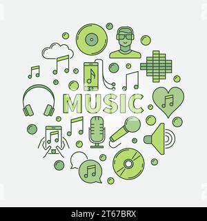 Musik rund Illustration. Farbenfrohes Vektorschild mit Symbolen und WORTMUSIK in der Mitte Stock Vektor