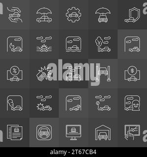 Symbole für Autounfälle. Vektor-Autoversicherung lineare Zeichen oder Designelemente auf dunklem Hintergrund Stock Vektor