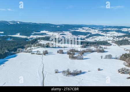 Aus der Vogelperspektive auf die wunderschöne winterliche Natur rund um das alte Schloss Weissenstein in der Nähe der Stadt Regen in Niederbayern Stockfoto