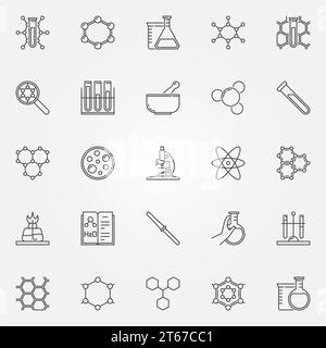 Symbol für Chemie eingestellt. Vektor-dünne Wissenschaftssymbole. Lineare chemische Zeichen oder Logoelemente Stock Vektor