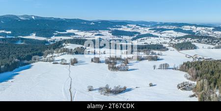 Aus der Vogelperspektive auf die wunderschöne winterliche Natur rund um das alte Schloss Weissenstein in der Nähe der Stadt Regen in Niederbayern Stockfoto