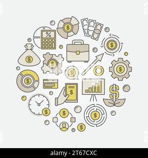 Farbenfrohe Illustration der Investitionsrunde. Kreisförmiges Konzeptschild für Vektor-Investitionen mit Finanzsymbolen Stock Vektor