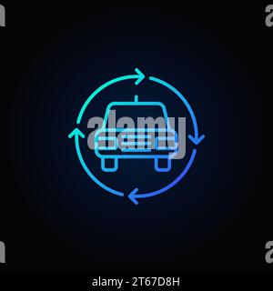Auto in kreisförmigen Pfeilen Symbol - Vektor Carsharing Konzept Umriss blaues Zeichen auf dunklem Hintergrund Stock Vektor