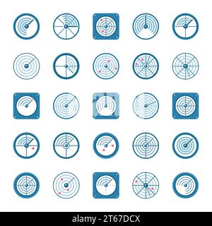 Flache Radarsymbole eingestellt. Vektorfarbene Positionssymbole oder Logoelemente Stock Vektor
