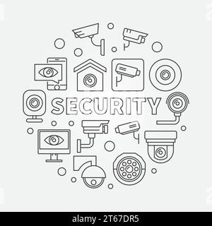 Runder Sicherheitsvektor-Konzeptabbildung oder -Symbol mit konturierten CCTV-Symbolen Stock Vektor