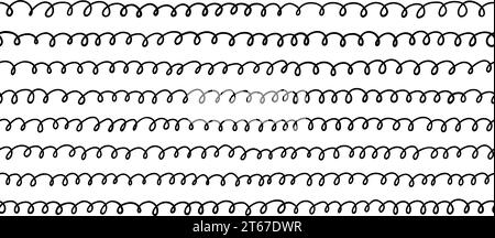 Nahtloses Doodle-Looping-Muster. Abstrakte schwarze horizontale handgezeichnete Looplinien nahtloses Muster. Geometrische, sich wiederholende, wirbelförmige Streifen. Gewelltes Material Stock Vektor