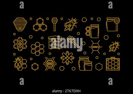 Lineares Banner für Honig und Imkereivektor. Honigbiene, Biene, Bienenwabe, Bienenhaus, Blume, Honigglas umrahmt Symbole auf dunklem Hintergrund Stock Vektor