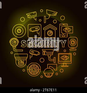 Gelbe Sicherheitsvektorrundung oder Symbol mit konturierten CCTV-Symbolen auf dunklem Hintergrund Stock Vektor