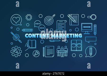 Blaues horizontales Banner für Content Marketing mit umrissenen Symbolen. Vektorillustration auf dunklem Hintergrund Stock Vektor