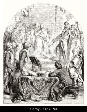 Alte Illustration von Henri III., der Magna Carta die Hinrichtung versprechen musste. Von Gilbert, publ. Auf Magasin Pittoresque, Paris, 1851 Stockfoto