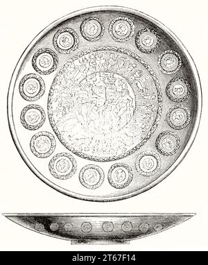 Alte Illustration einer goldenen Patera (Metalltrinkschale). Vom unbekannten Autor, publ. Auf Magasin Pittoresque, Paris, 1851 Stockfoto