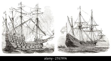 Alte Schiffe: Great Harry (englisches Schlachtschiff) aus dem 16. Jahrhundert und Fluyt aus dem 17. Jahrhundert. Von Morel-Fatio, publ. Auf Magasin Pittoresque, Paris, 1851 Stockfoto