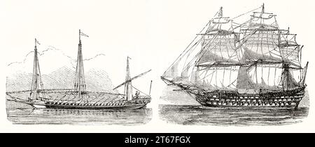 Alte Schiffe: Barque Longue aus dem 17. Jahrhundert (links) und First Rank Schiff aus dem 18. Jahrhundert. Von Morel-Fatio, publ. Auf Magasin Pittoresque, Paris, 1851 Stockfoto