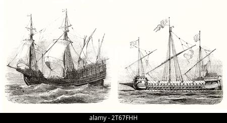 Alte Gefäße Illustrationen: Carrak aus dem 15. Jahrhundert (links) und venezianische Galeere aus dem 16. Jahrhundert. Von Morel-Fatio, publ. Auf Magasin Pittoresque, Paris, 1851 Stockfoto