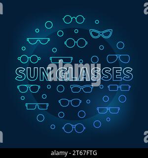 Sonnenbrillen blaue Vektor runde Illustration mit linearen Sonnenbrillen und Brillen Ikonen auf dunklem Hintergrund Stock Vektor