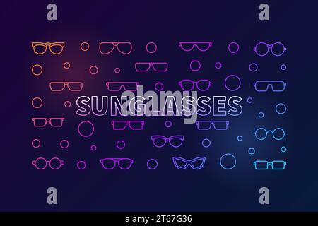 Sonnenbrille helle horizontale Illustration - vektorfarbenes Banner mit Brille und Brille umreißen Symbole auf dunklem Hintergrund Stock Vektor