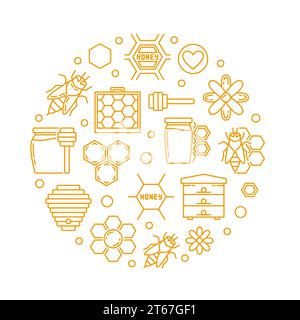 Honig und Imkereivektor lineare runde Illustration. Honigbiene, Biene, Bienenwabe, Bienenhaus, Blume, Honigglas umrahmt Symbole in kreisförmiger Form Stock Vektor