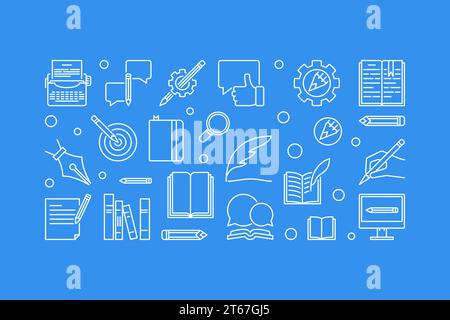 Autor Vektor horizontales Konzept Illustration oder Banner mit Umrisssymbolen auf blauem Hintergrund Stock Vektor