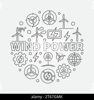Darstellung der Windkraft. Runder Vektorsymbol für ein grünes Energiekonzept mit dünnen Symbolen für Windkraftanlagen Stock Vektor