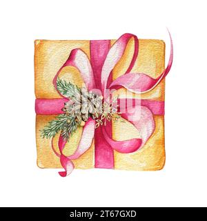 Geschenke. Wunderschöne Geschenkbox mit Schleifen und Winterkomposition. Aquarell botanische handgezeichnete Illustration. Kraftpapierverpackung. Stockfoto