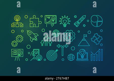 Kreatives horizontales Banner für Unternehmensgründungen. Abbildung des Starts mit Symbolen für den Start auf dunklem Hintergrund Stock Vektor