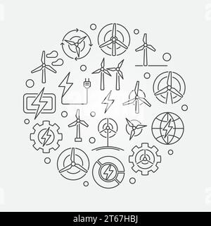 Runde Illustration mit Symbolen für Windkraftanlagen. Vektor-Eco-Windenergie-Rundsymbol in dünner Linie Stock Vektor