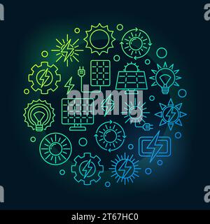 Solarstrom kreisförmige bunte Illustration. Vektor-Umrisszeichen für erneuerbare Solarenergie. Grünes Energiekonzept auf dunklem Hintergrund Stock Vektor