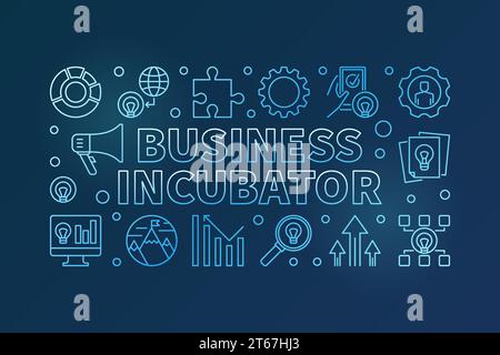 Business Inkubator blaues horizontales Vektorkonzept Banner oder Illustration in linearer Art auf dunklem Hintergrund Stock Vektor