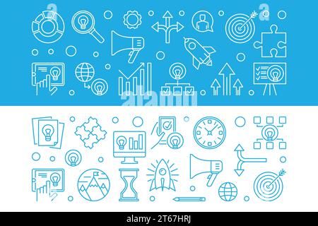 Set aus 2 horizontalen Startup-Bannern in dünner Linienform. Vektorabbildung Stock Vektor