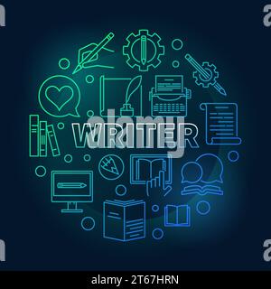 Schreibvektor farbige runde Illustration mit linearen Symbolen auf dunklem Hintergrund Stock Vektor